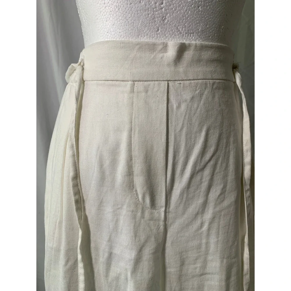 Zara White Linen Blend High Waisted Wide Leg Tie Belt Trousers Pants Large